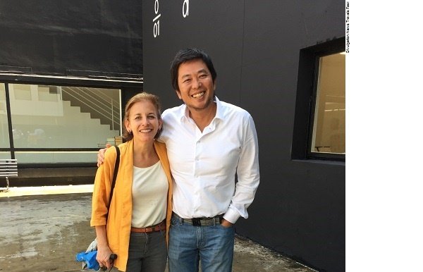 Jordana Pomeroy (director of The Patricia & Phillip Frost Art Museum FIU) with Akio Aoki, (Director, Galeria Vermelho in Sao Paulo)
