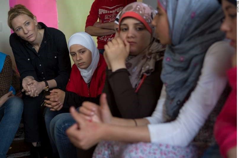 Cate Blanchett meets young Syrian refugees at Mazboud Community Center in Lebanon, in this May 2015 file photograph.