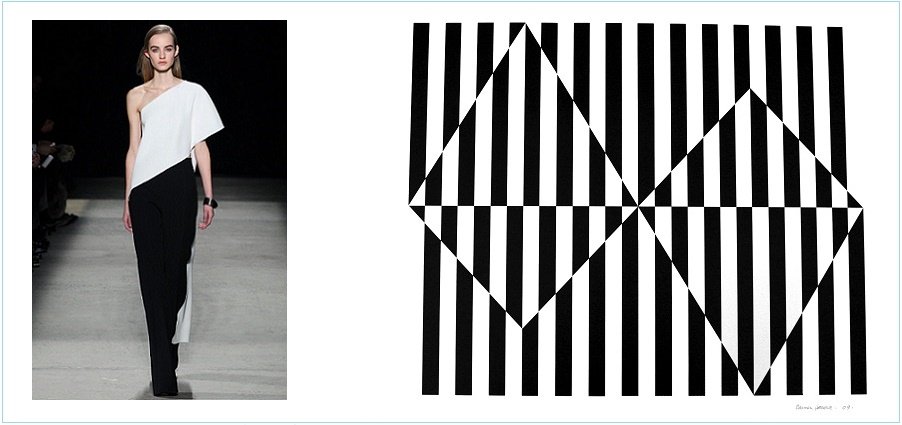 1.) Narciso Rodriguez/Fall 2015 Collection. 2.) Artwork by Carmen Herrera, Black and White, 2009